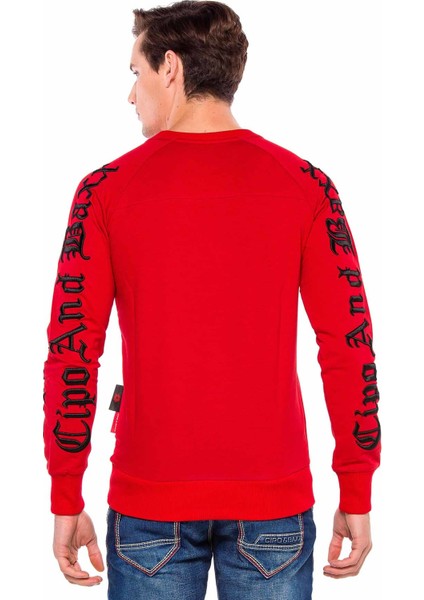 CL370 Kalın Nakışlı Kırmızı Bisiklet Yaka Sweatshirt fırsatları