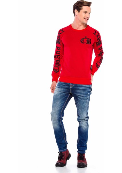 CL370 Kalın Nakışlı Kırmızı Bisiklet Yaka Sweatshirt indirimleri