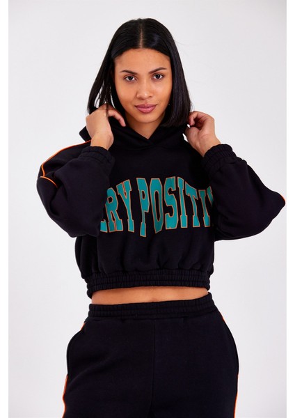 Kadın Rachel Siyah Kapüşonlu Baskılı 3 Iplik Şardonlu Normal Kesim Sweatshirt