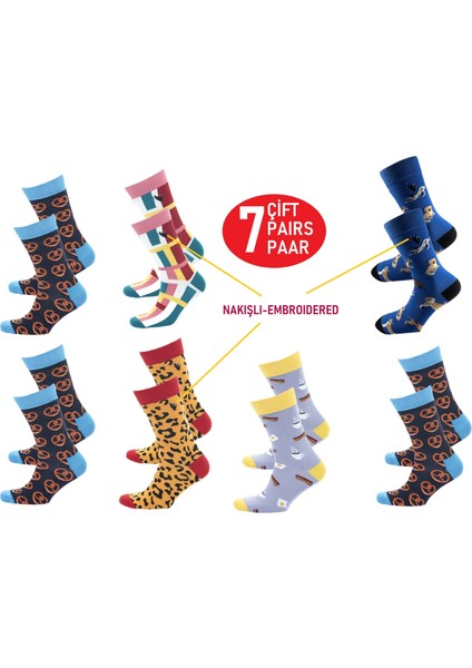 Çorap (ART.13384) Unisex 7 Çift Dikişsiz Organik pamuk Nakışlı Yıkamalı kumaş