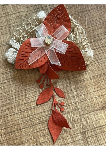 Kiremit Yapraklı Zirkon Taşlı Jüt Ipli Dantel Kurdele Tasarım Arajman Çiçek Iğnelik Broş 10X10 cm