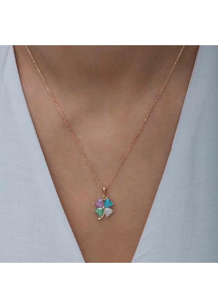 Gümüş Renkli Taşlı Kalp Yonca Kadın Kolye indirimleri