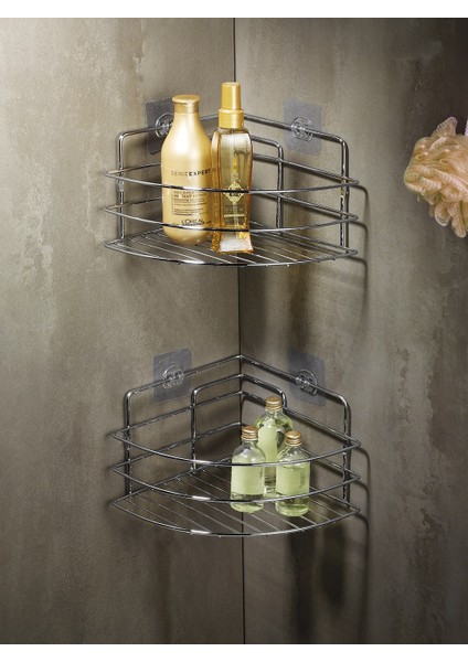 Ömür Boyu Paslanmaz Yapışkanlı Banyo Köşeliği Düzenleyici Şampuanlık Duş Rafı 2 Adet Krom Tk-01