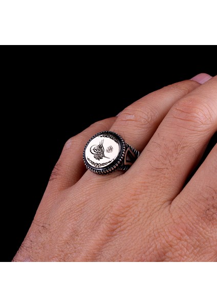 Besmele Tuğra Işleme Motifli 925 Ayar Gümüş Erkek Yüzük modelleri