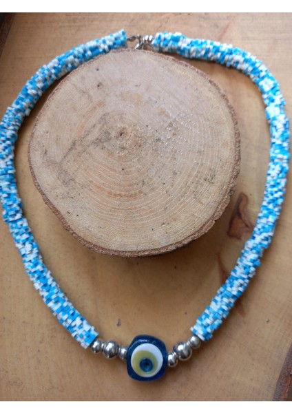 El Yapımı Mavi Beyaz Fimo Nazar Boncuklu Kadın Kolye