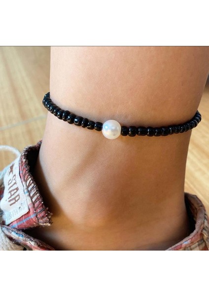 Handmade Siyah Kum Boncuk Beyaz Inci Kadın Erkek Unisex Halhal