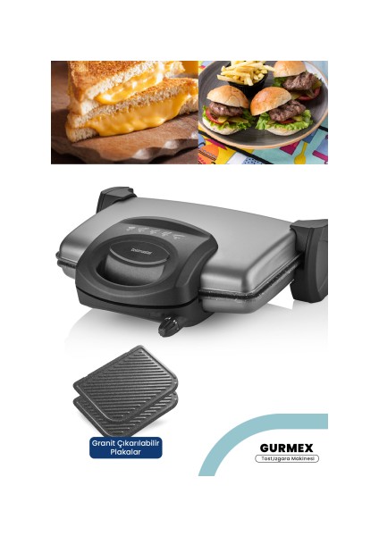 Gurmex Silver 1750 Watt Granit Çıkarılabilir Plakalı 5 Kademe Isı Ayarlı Tost ve Izgara Makinesi