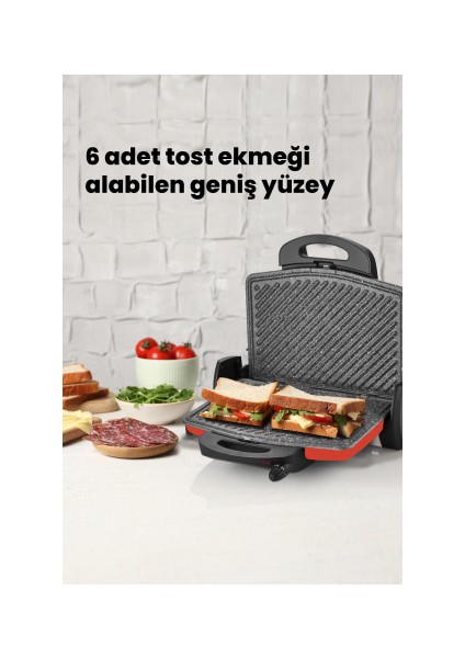 Gurmex Parlak Kırmızı 1750 Watt Granit 5 Kademe Isı Ayarlı Tost ve Izgara Makinesi