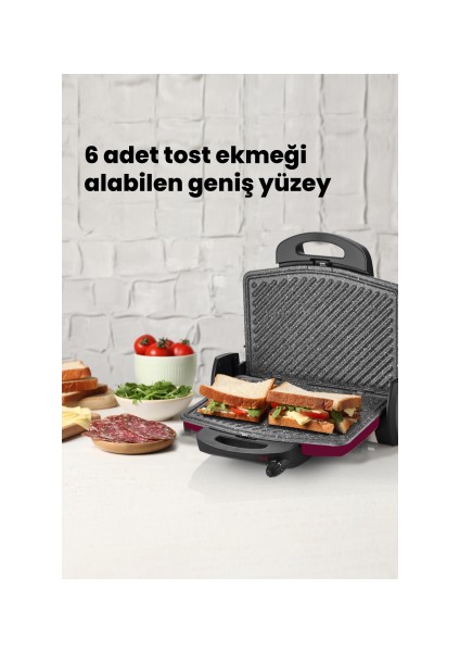 Gurmex Mor 1750 Watt Granit Çıkarılabilir Plakalı 5 Kademe Isı Ayarlı Tost ve Izgara Makinesi