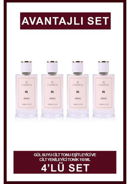 Gül Suyu Cilt Tonu Eşitleyici ve Cilt Yenileyici Tonik 110 ml 4'lü Set