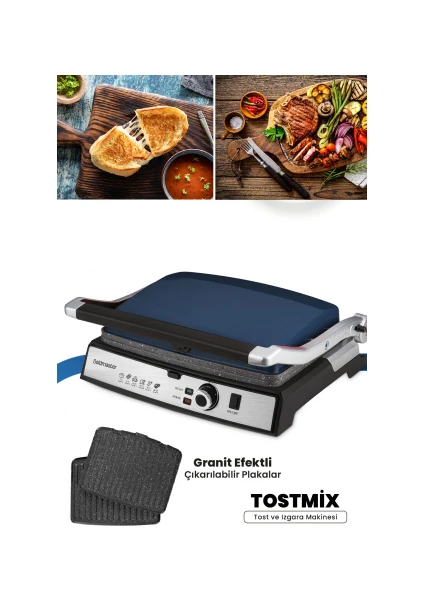 Tostmix Ege Mavisi Paslanmaz Çelik 2000 Watt Granit Çıkarılabilir Plakalı Tost ve Izgara Makinesi