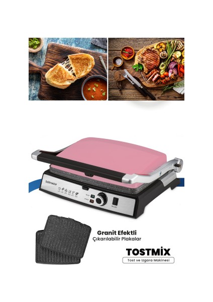 Tostmix Pembe Paslanmaz Çelik 2000 Watt Granit Çıkarılabilir Plakalı Tost ve Izgara Makinesi