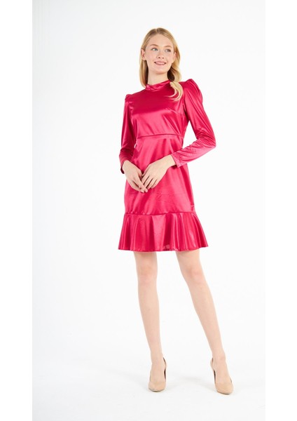 Saten Dik Yaka Eteği Volanlı Mini Elbise