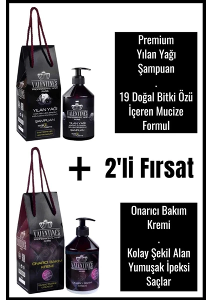 Valentines Professional 2'li Fırsat Seti / 19 Doğal Bitki Özlü Yılan Yağı Hızlı Uzama Bakım Şampuan