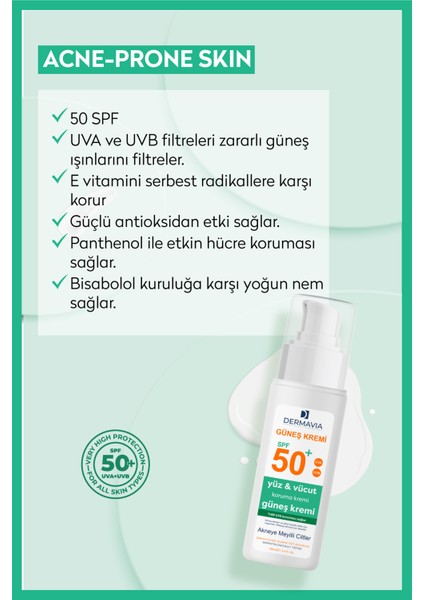 Dermavia Spf+50 Yüz ve Vücut Güneş Kremi Akneye Meyilli Ciltler 100 ml