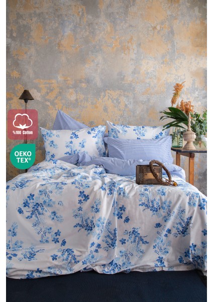 Sevilla %100 Pamuk Çift kişilik Nevresim ve 2 Adet Yastık Kılıfı Seti Mavi Çiçekli ve Çizgili