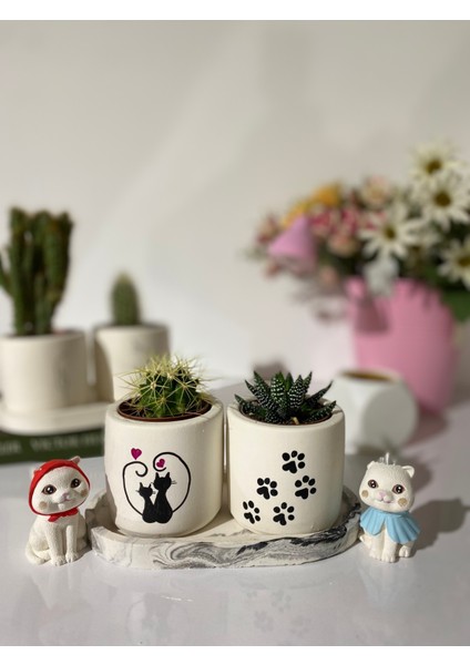 Tabaklı Pati ve Çift Kedi Desenli El Çizimi Saksı Seti Hediyelik Kalemlik (Çiçeksiz)