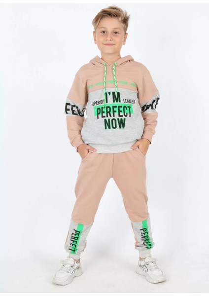 Pıtırcık Kids Perfect Now Baskılı Kapşonlu Bej Gri Renk Eşofman Takım