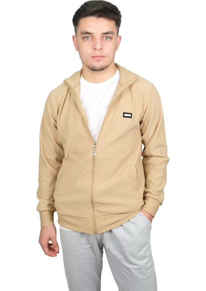 Erkek Petek Desenli Fermuarlı Jakarlı Krem HIRKA-2831