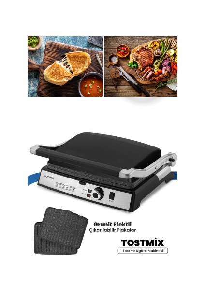 Tostmix Siyah Paslanmaz Çelik 2000 Watt Granit Çıkarılabilir Plakalı Tost ve Izgara Makinesi