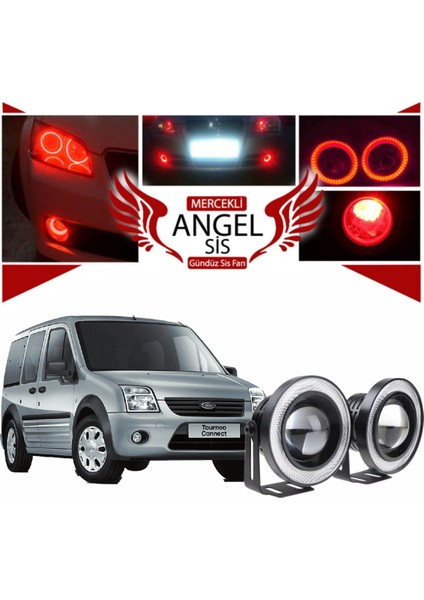 Ford Transit Connect Uyumlu, Universal Mercekli LED Angel Sis Farı, 76MM Kırmızı Renk