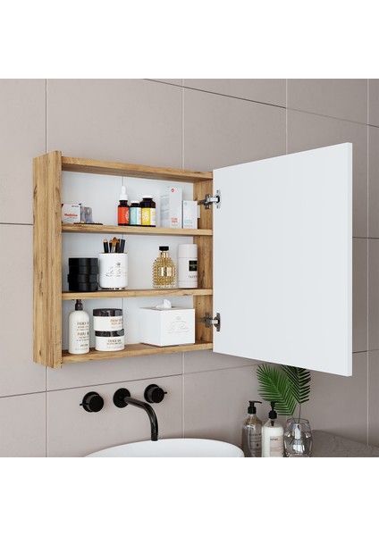 Roomart Ad7 Kulpsuz Tek Kapaklı Ahşap-Mat Beyaz Mdf 60 cm Aynalı Banyo Üst Dolabı BANOS1753