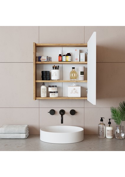 Roomart Ad7 Kulpsuz Tek Kapaklı Ahşap-Mat Beyaz Mdf 60 cm Aynalı Banyo Üst Dolabı BANOS1753