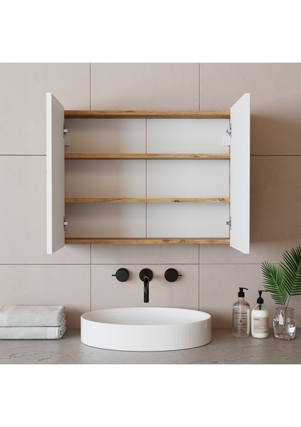 Banos Banyo Roomart Ad7 Kulpsuz Tek Kapaklı Ahşap-Mat Beyaz Mdf 80 cm Aynalı Banyo Üst Dolabı BANOS1754