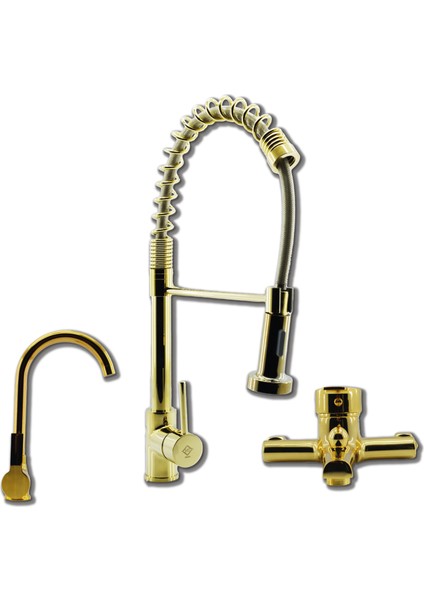 Endüstriyel Evye Batarya Gold (Altın) Renk 3'lü Set Evye-Lavabo-Banyo Bataryası