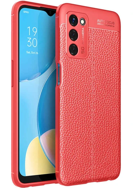 Case 4U Oppo A55 5G Kılıf Rugan Armor Deri Görünümlü Yüksek Kalite Silikon Niss Kırmızı