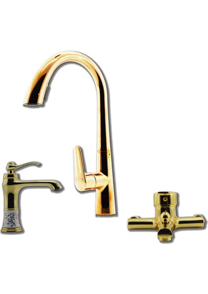 Batarya Gold (Altın) Renk 3'lü Set Evye-Lavabo-Banyo Bataryası
