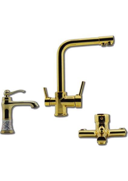 Arıtmalı Evye Batarya Gold (Altın) Renk 3'lü Set Evye-Lavabo-Banyo Bataryası