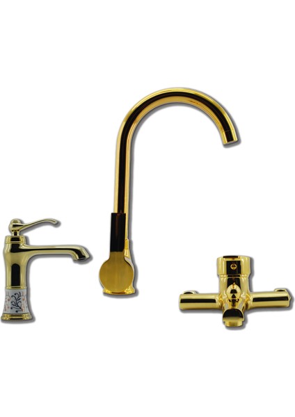 Mutfak Evye Batarya Gold (Altın) Renk 3'lü Set Evye-Lavabo-Banyo Bataryası