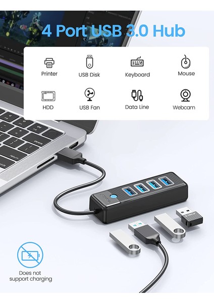 Usb3.0 4 Portlu 5gbps Çoklu USB Bağlantı Noktası Çoklayıcı Hub, 15CM, Siyah, PW4U-U3-015-BK