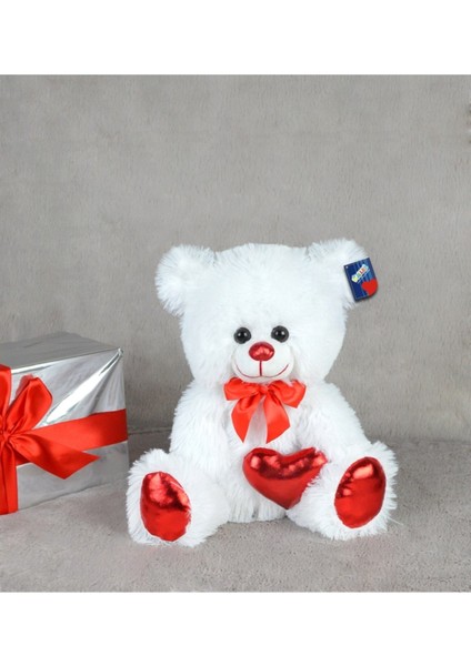 Oyuncak 40 cm Parlak Kumaş Kalp Tutan Beyaz Ayıcık