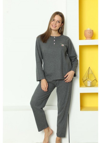 Füme Bayan Fitilli Dışı Tüylü Pijama Takımı 034UK