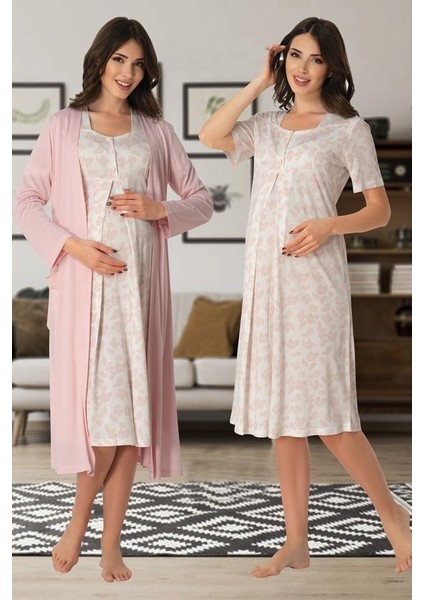 Effortt Kadın Desenli Lohusa Hamile Gecelik Sabahlık Ikili Set 8015