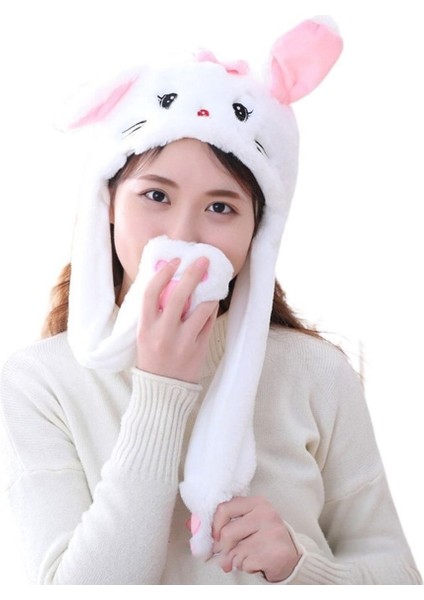 Işıklı Modlu beyaz pembe peluş Tavşan Kulakları Hareket Eden Şapka hediye