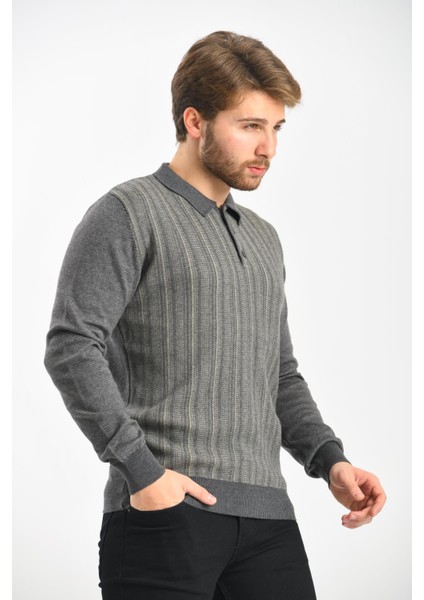 Erkek Polo Yaka Pamuklu Triko Kazak 4451F Koyu Gri