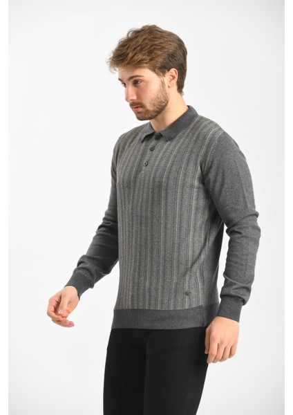 Erkek Polo Yaka Pamuklu Triko Kazak 4451F Koyu Gri