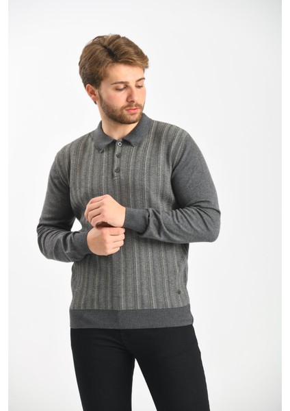 Erkek Polo Yaka Pamuklu Triko Kazak 4451F Koyu Gri