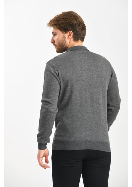 Erkek Polo Yaka Pamuklu Triko Kazak 4451F Koyu Gri