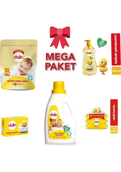 Granül Sabun 1000 GR+700 ml Bebek Şampuanı+Bebek Sabunu+Çamaşır Yumuşatıcısı+ 3'lü Islak Mend