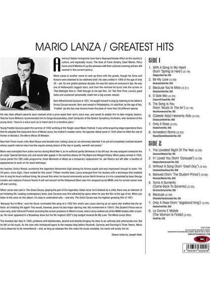 Mario Lanza Greatest Hits - Plak