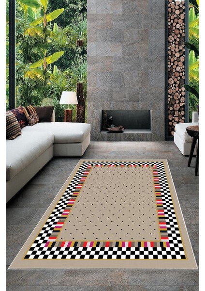 Vizon Dama ve Kilim Desenli Yıkanabilir Kaymaz Taban Leke Tutmaz Modern Salon Halısı ve Yolluk