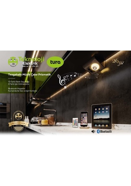 Dolap ve Tezgah Altı Bluetooth Müzik Çalar Prizmatik Venüs Kablolu 3 Metre