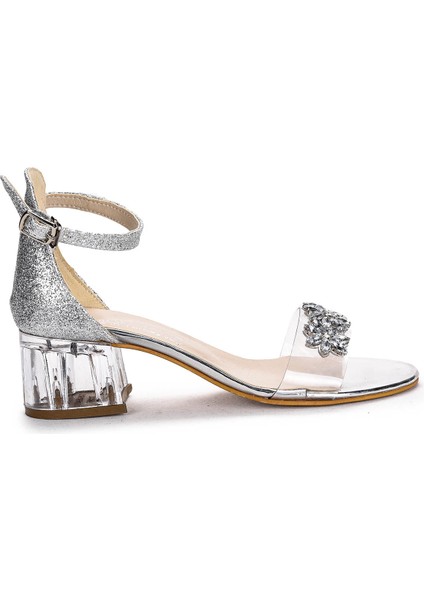 Yangu Kum Simli Taşlı Kız Çocuk 3 Cm Şeffaf Topuklu Sandalet Abiye Ayakkabı