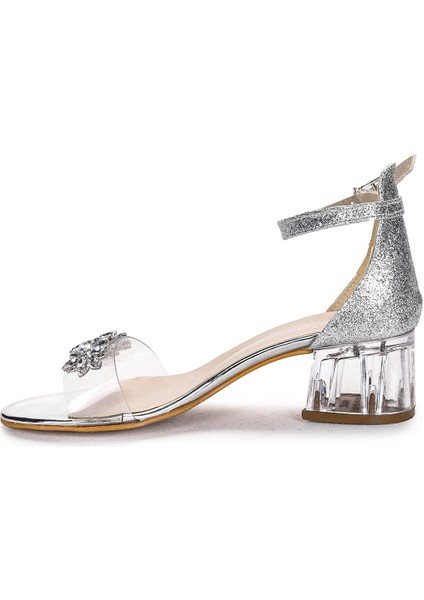Yangu Kum Simli Taşlı Kız Çocuk 3 Cm Şeffaf Topuklu Sandalet Abiye Ayakkabı fırsatları