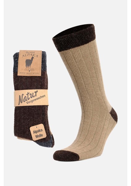Erkek Alpaka Yünü Kışlık Topuk Renkli 2 Çift Bej/kahve Soket Çorap - GW-3096-B/K