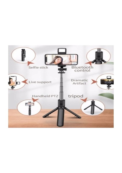 LED Işıklı Selfie Çubuğu Bluetooth Kumandalı Kablosuz Tripot Selfie Monopod Selfie Stick Selfi Tripod